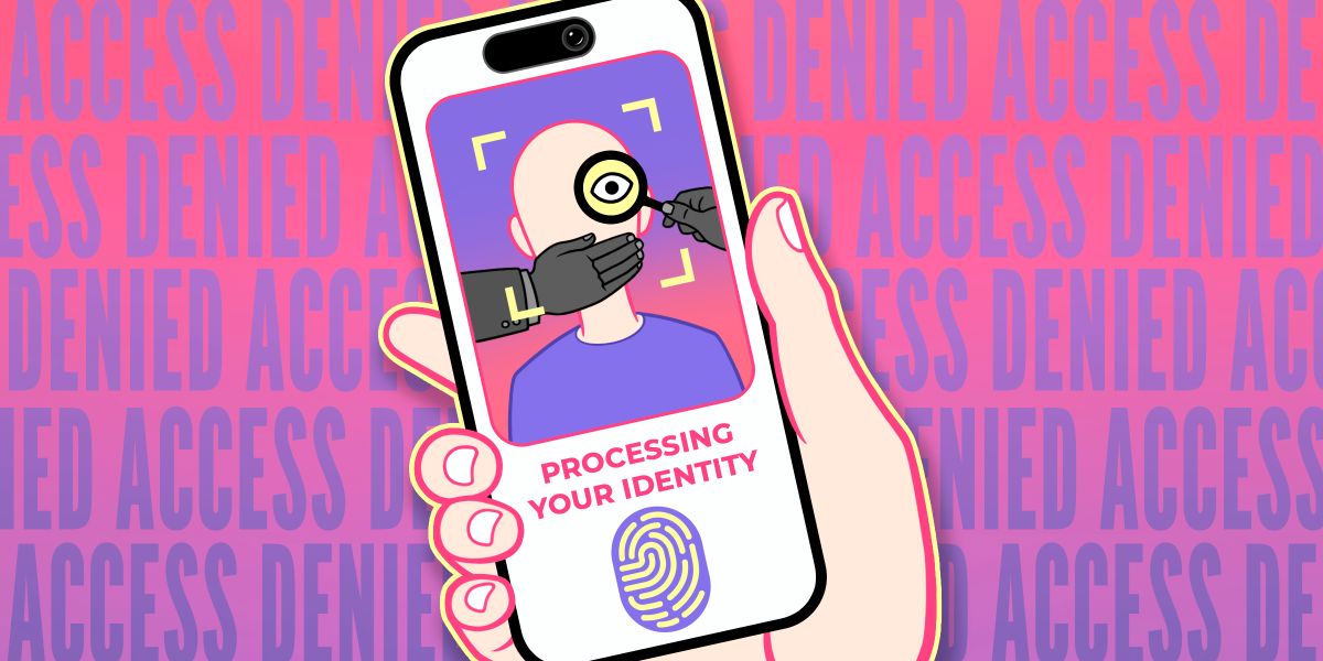 A hand holding a cellphone showing a verification screen and ACCESS DENIED in the background.