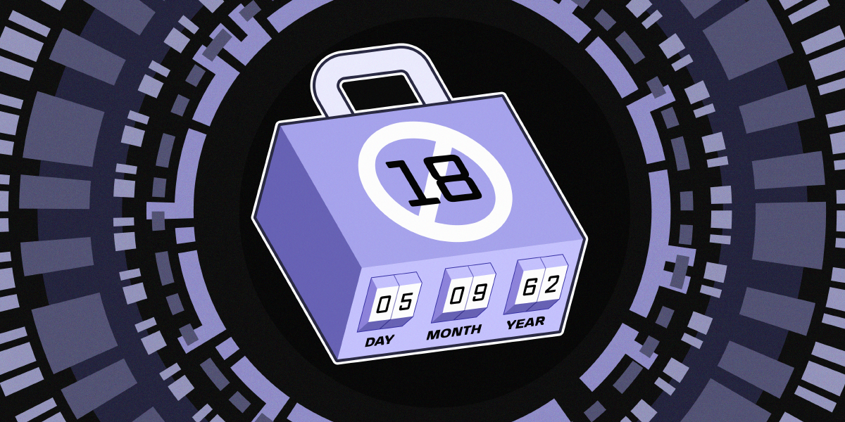 Purple padlock with an 18+ only symbol and a combination lock requiring Day, Month, and Year. Surrounded by abstract purple dashed lines.