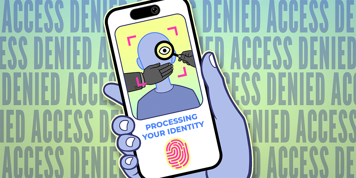 age verification-access denied-cell phone A blue hand holding a cellphone showing a verification screen and ACCESS DENIED in the background