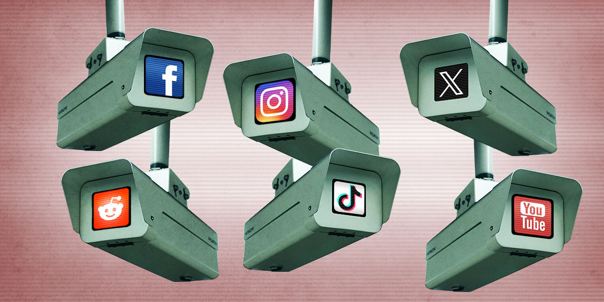 Security camera screens display logos for Facebook, YouTube, SnapChat, Twitter, and Reddit 
