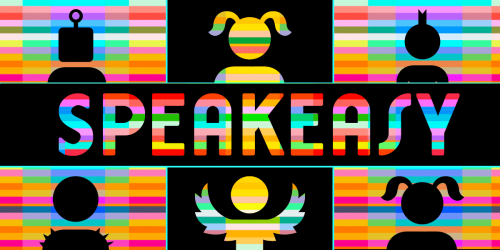 Colorful Speakeasy Banner with humans and robots.
